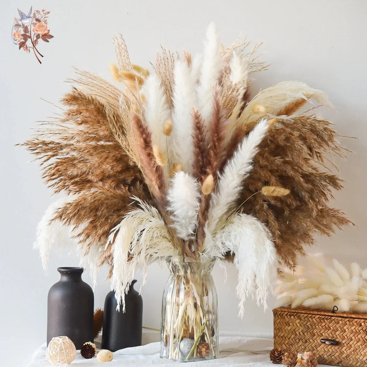 bouquet pampas séchés décoration bohème blanc beige vases différents mariage anniversaire