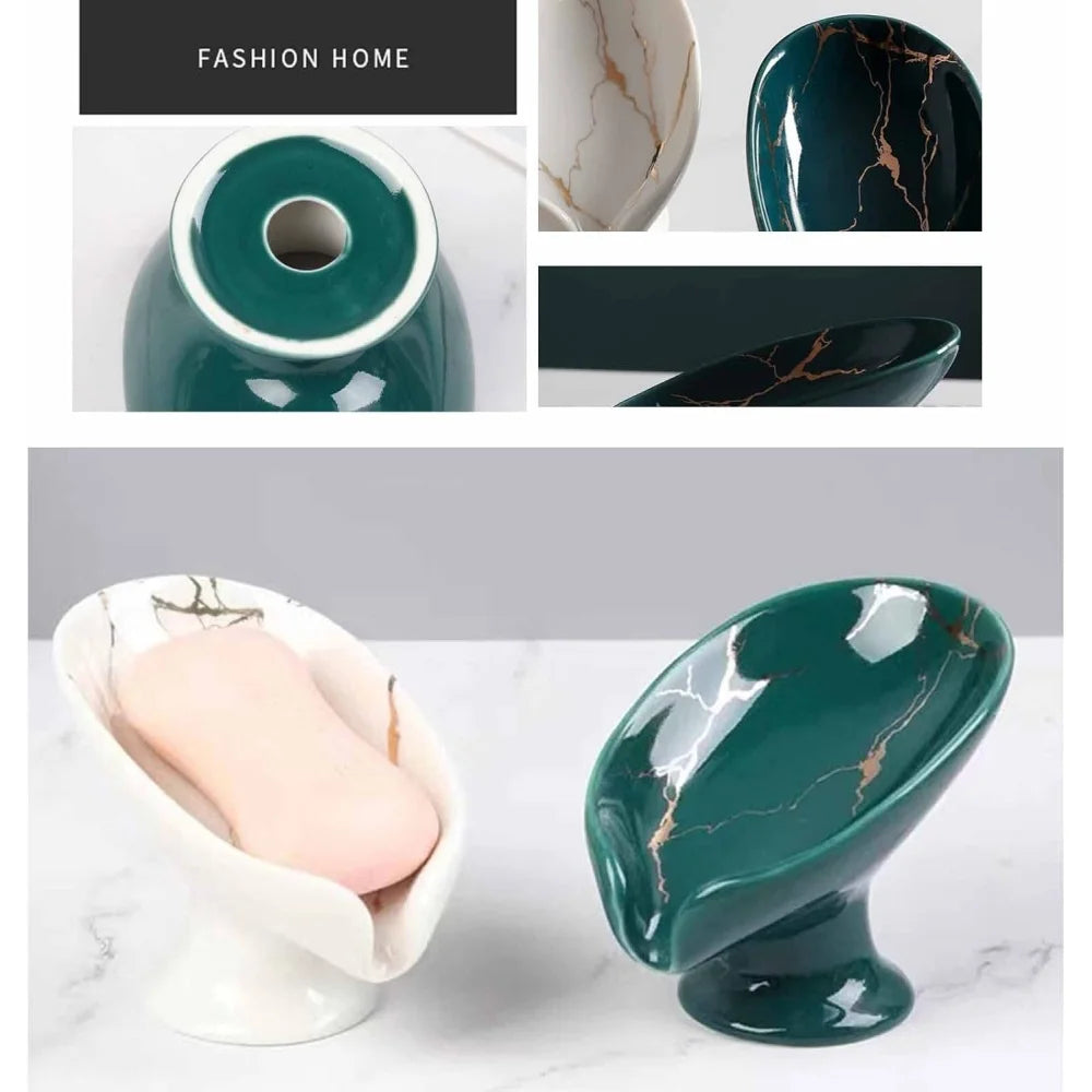 porte savon céramique imitation marbre feuille moderne blanc vert foncé drainage salle bain cuisine