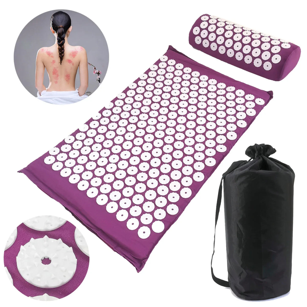 tapis massage acupuncturé violet bleu marine vert rondelles blanches moderne sac rangement
