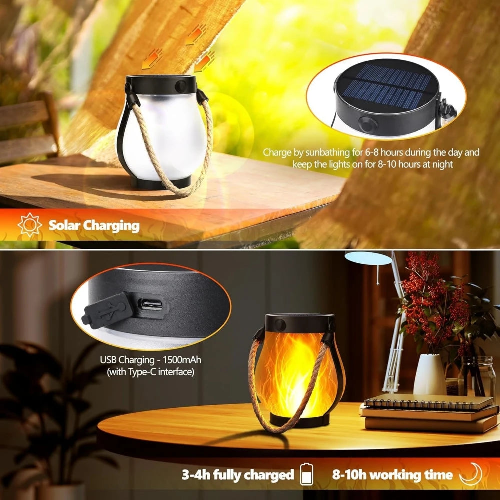lanterne solaire rechargeable led modes nuit flamme vacillante moderne rustique corde orange jaune