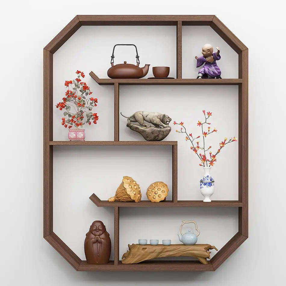 étagère murale bois naturelle moderne minimaliste marron foncé vases fleur théières céramique figural pierre