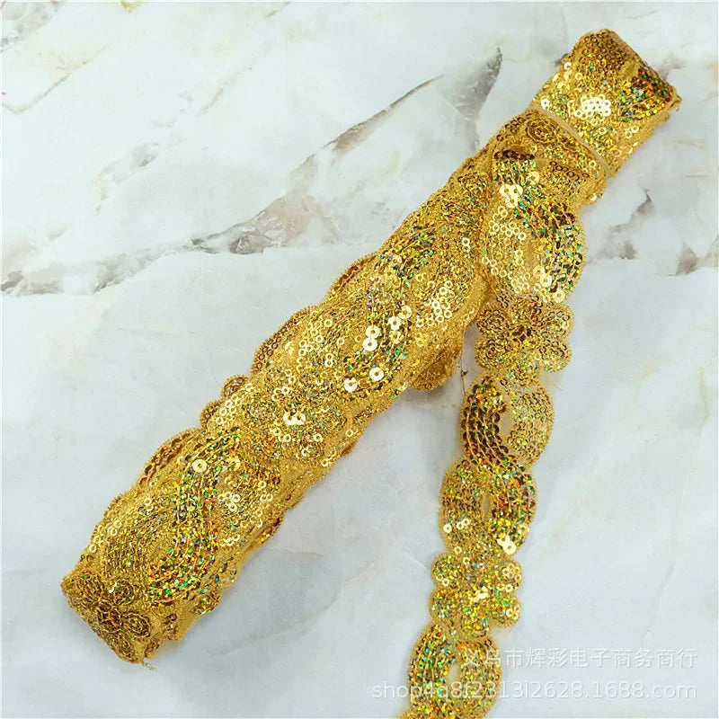 ruban décoratif dentelle sequins fleurs 4cm bleu vert rouge rose or argent partie