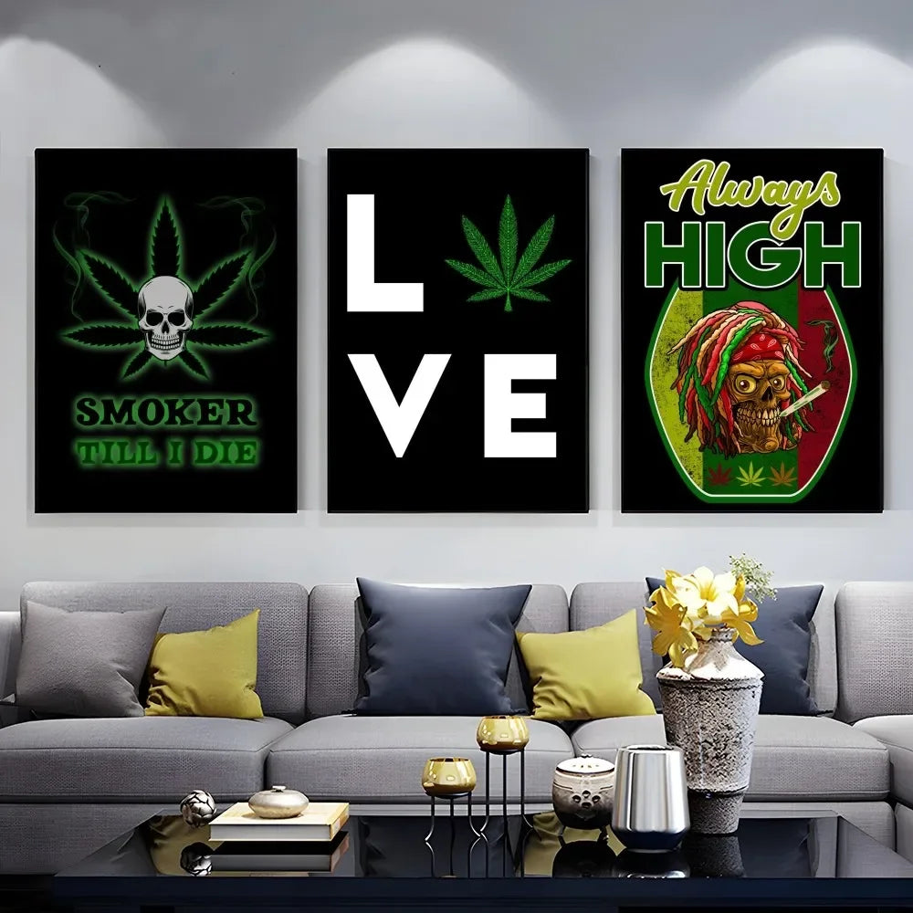 affiche graphique pop art crânes cannabis lettrage noir vert opaque sans cadre