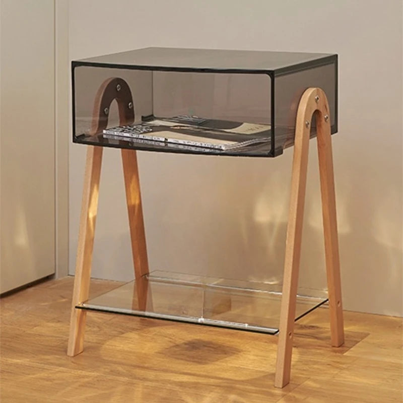 table basse moderne minimaliste transparente étagère bois clair salon chambre
