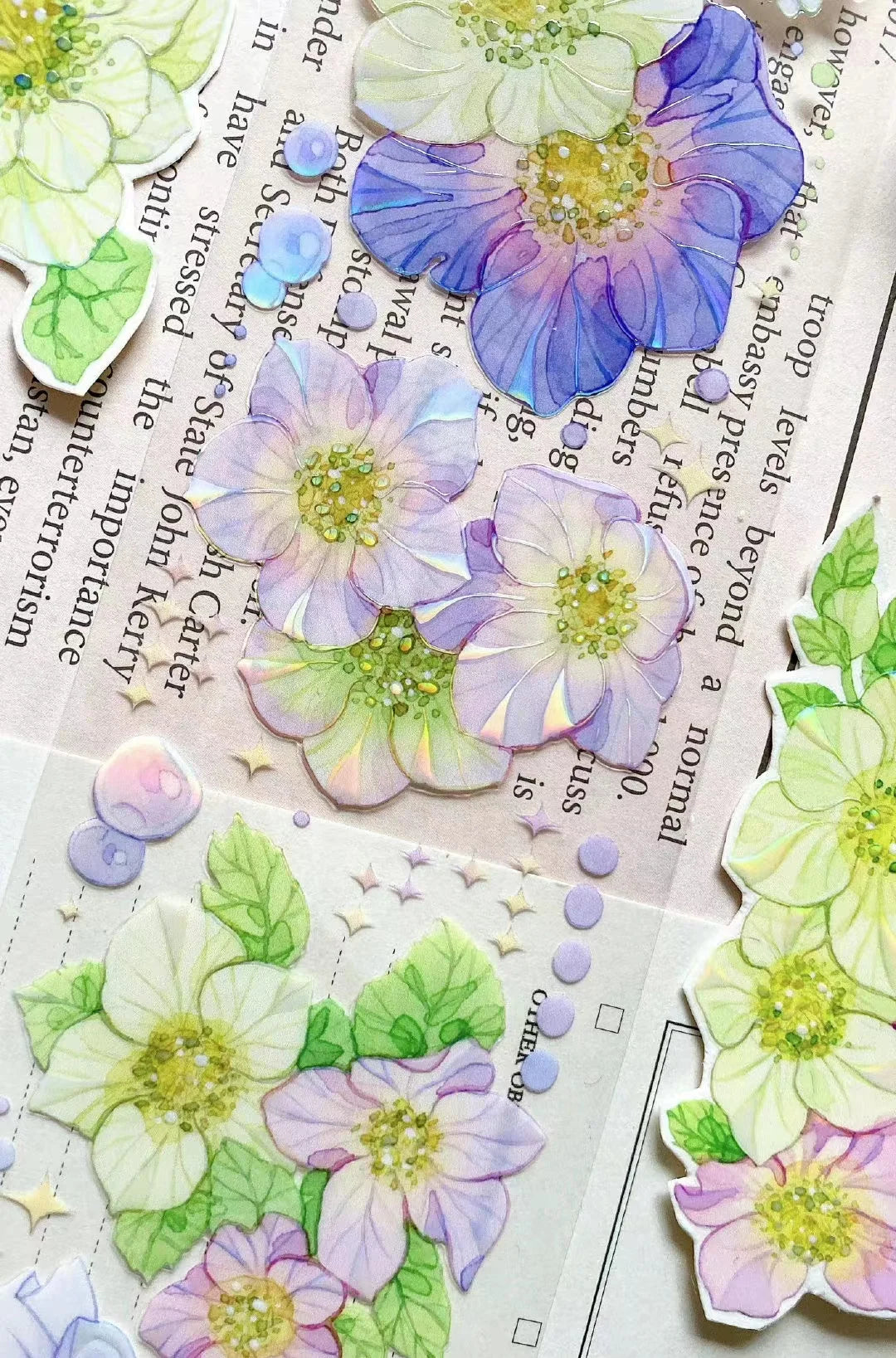 autocollants fleurs vert clair blanc bleu violet jaune paillettes artistiques détaillés 10mètres 6cm large