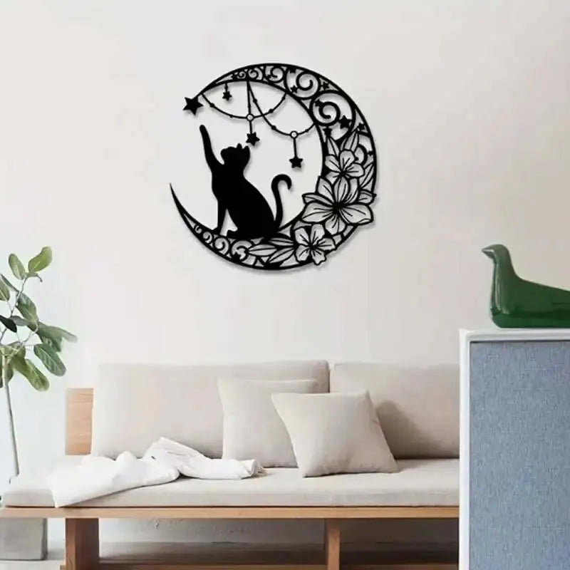 décoration murale silhouette chat noir lune fleurs étoiles métal artisanal moderne