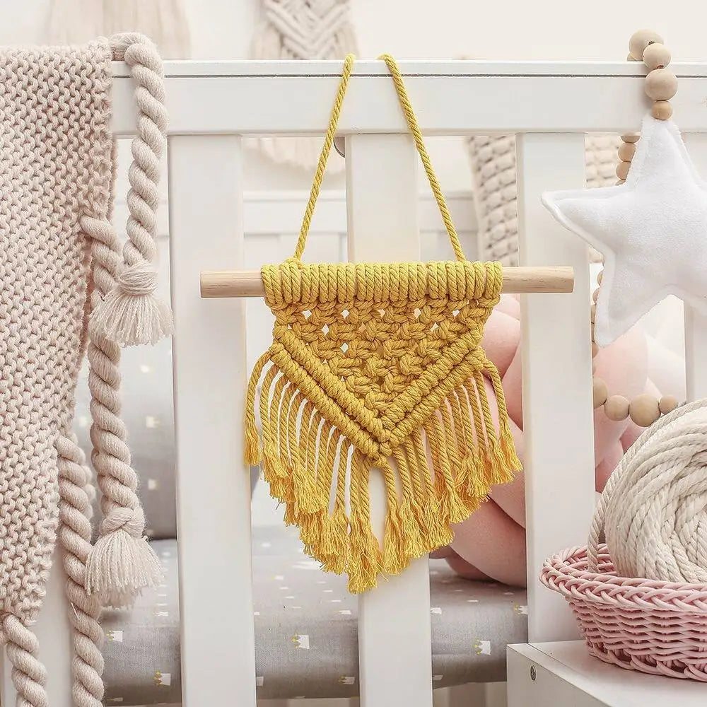 tapisserie macramé jaune franges bohème moderne coton tiges bois opaque