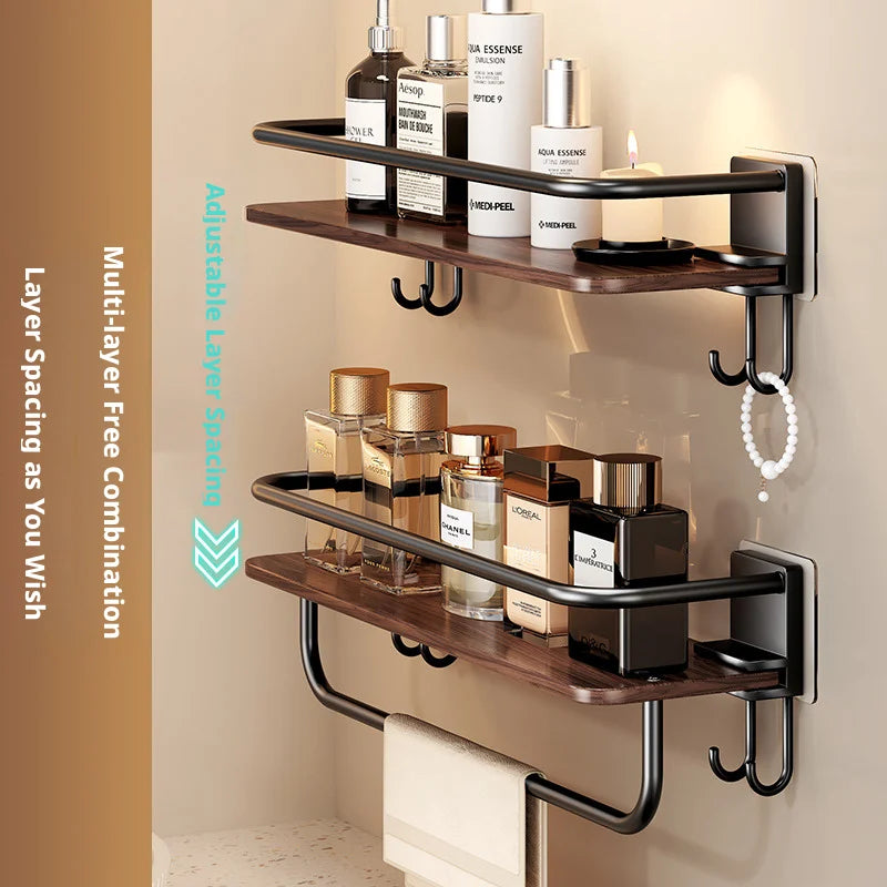 étagère salle bain bois marron foncé moderne fixée mur sans perçage réutilisable multifonctionnelle