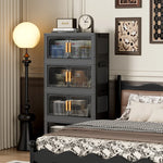 rangement modulaire meuble noir panneaux transparents poignées dorées roulettes facile assembler chambre salon cuisine