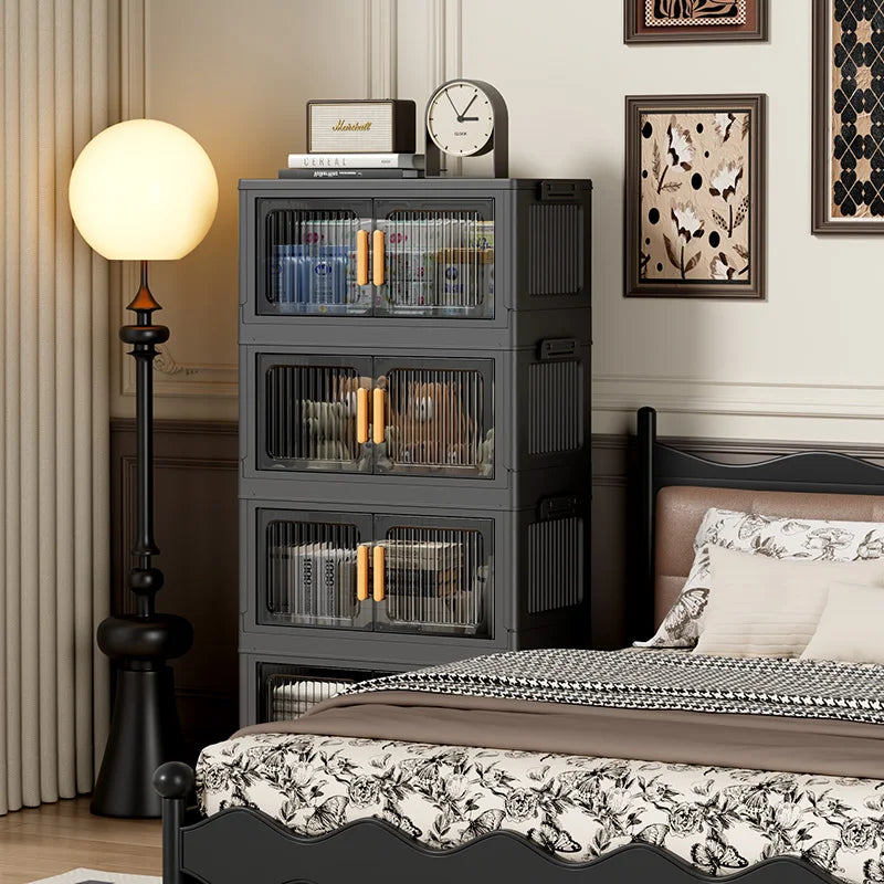 rangement modulaire meuble noir panneaux transparents poignées dorées roulettes facile assembler chambre salon cuisine