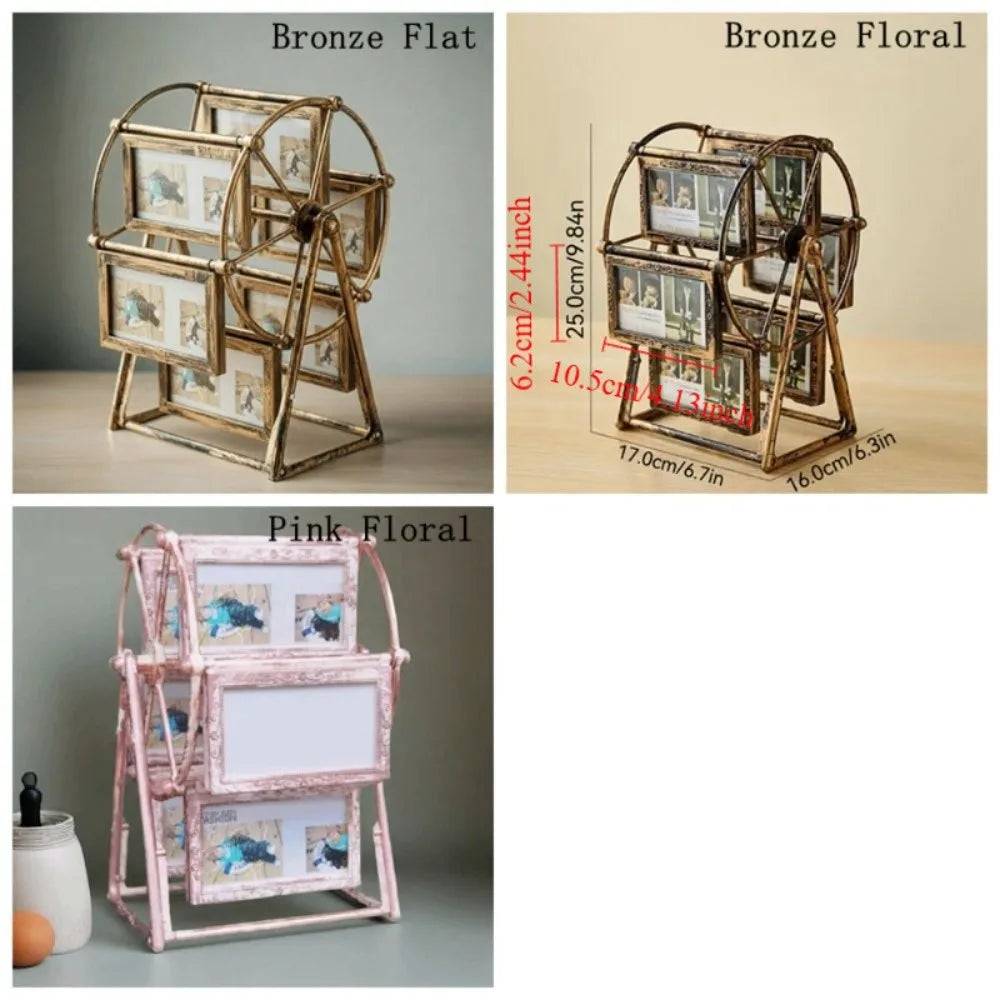 Cadre photo grande roue bronze floral vintage 12 photos rotatif transparent distressé