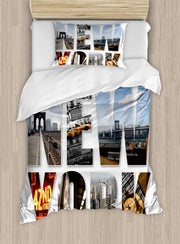 housse couette motif york urbain moderne taies oreillers blanc noir taxis gratte ciels