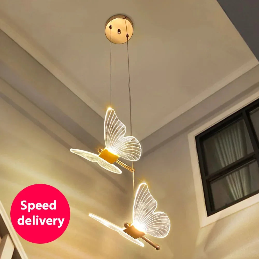 suspension lumineuse moderne or papillon translucide salon chambre étude hall double têtes