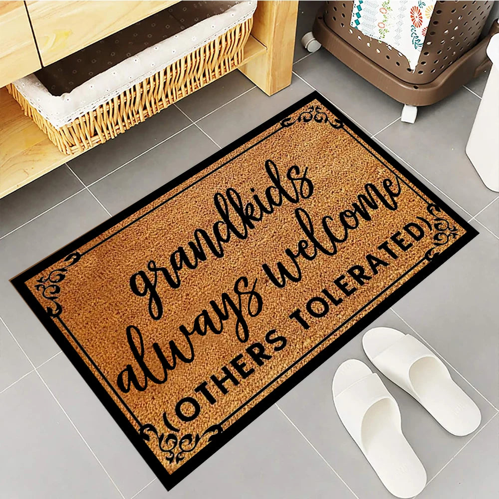 tapis d'entrée marron noir lettrage calligraphie bordure décorative résistant antibactéries antidérapant imperméable adaptableintérieurextérieur