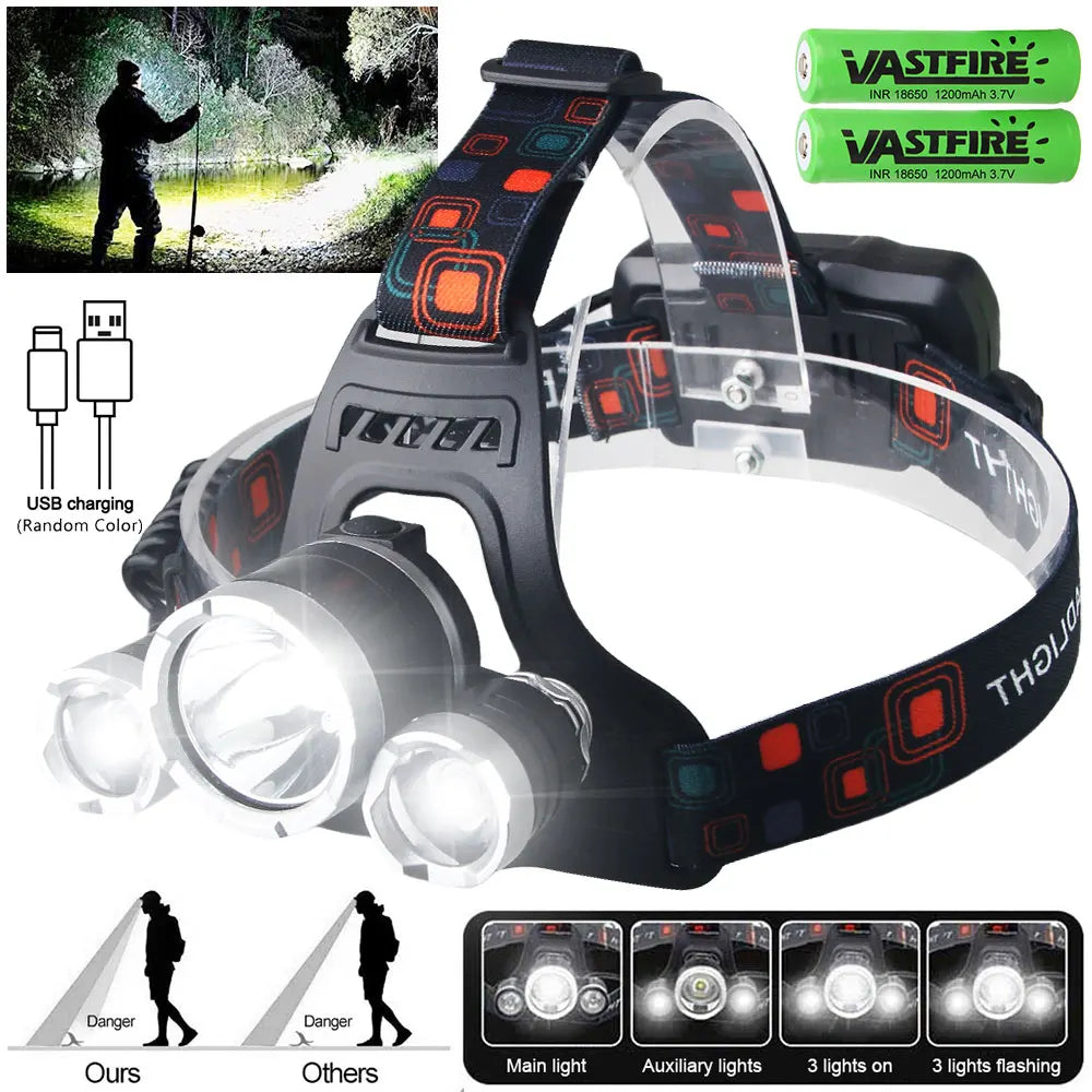 lampe frontale led noire rechargeable usb camping red verte blanche fixe ceinture