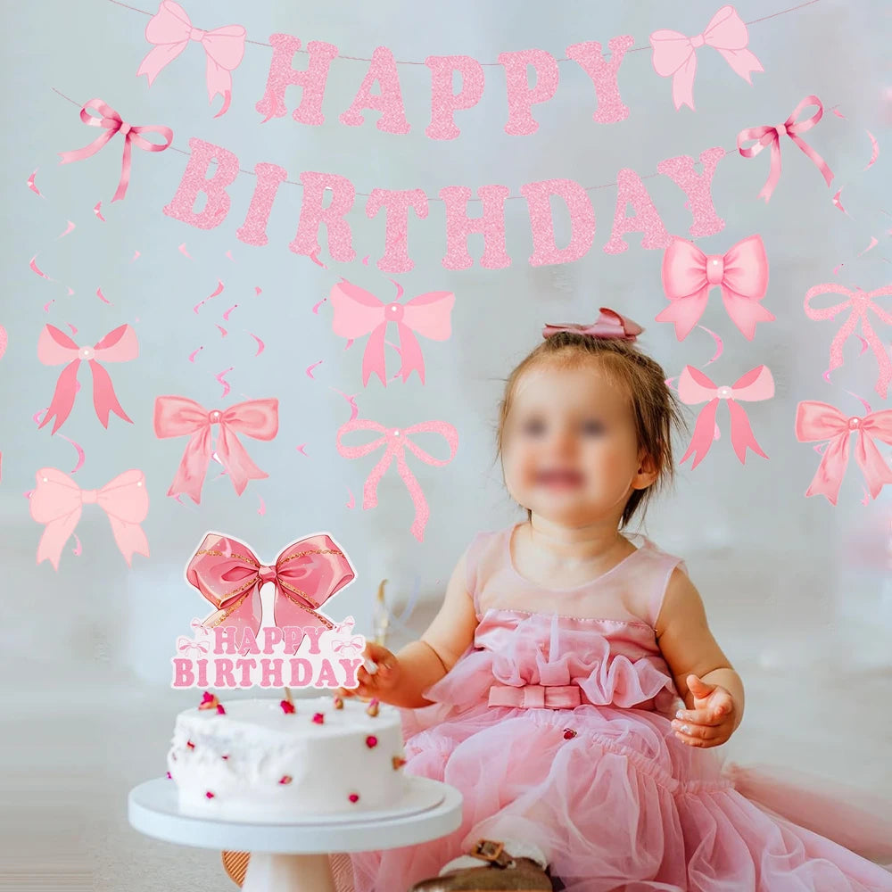 guirlande fête happy birthday rubans nœuds lettres décorative anniversaire rose clair festive
