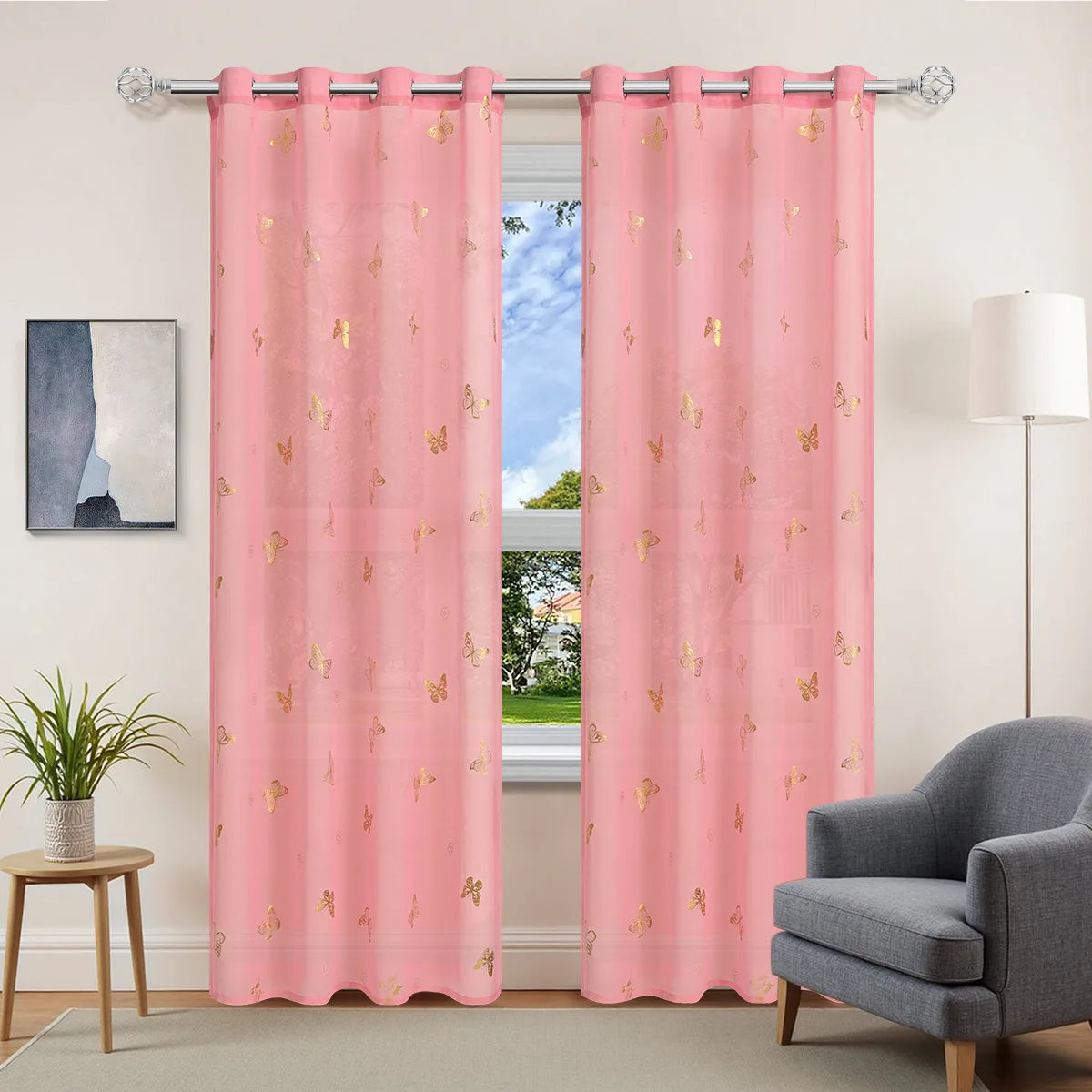 rideau moderne rose papillons dorés semi transparent anneaux métalliques polyester deux panneaux chambre fillecoration