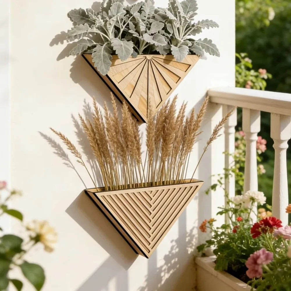 support plante mur bois moderne géométrique minimaliste succulentes herbes sèches fougères lierre cascade