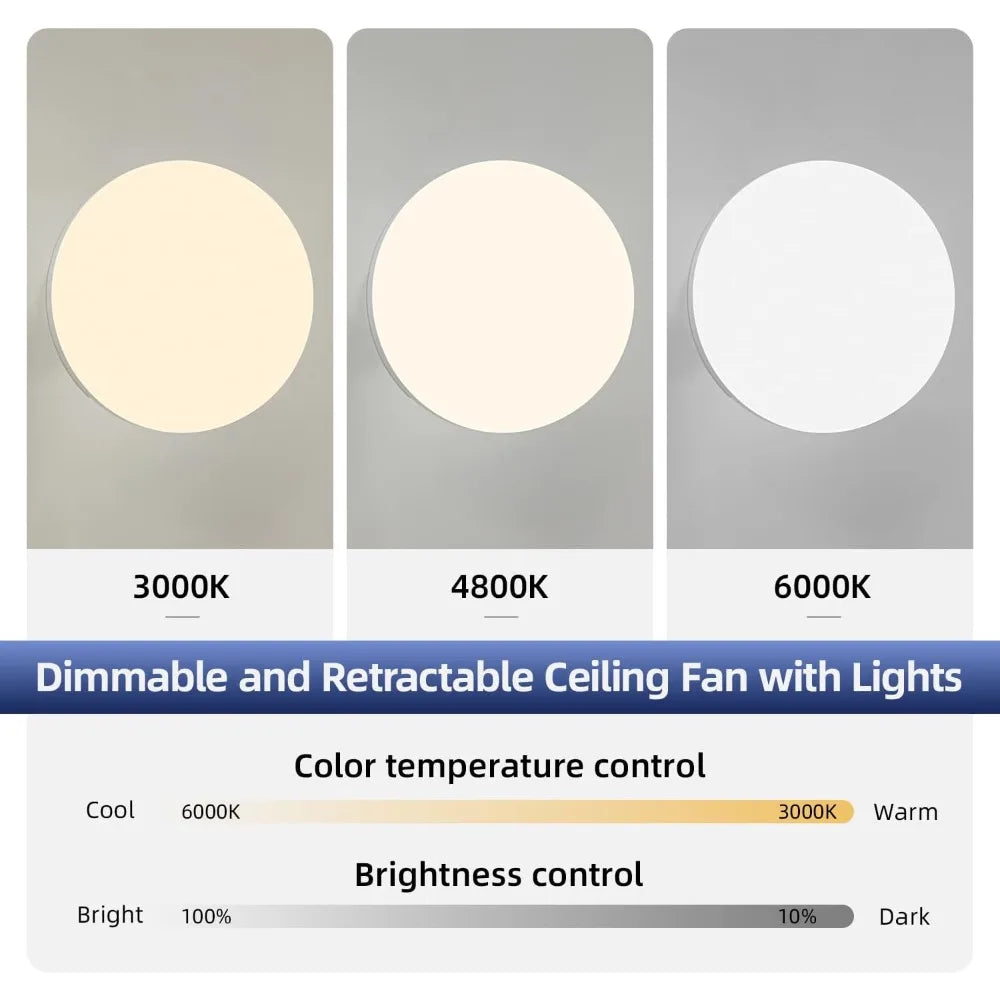 ventilateur rétractable lumière blanc moderne télécommande réglage vitesse luminosité couleur