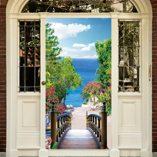 décoration murale paysage marin pont escalier multicolore opaque 90x180cm festive autocollant trous corde
