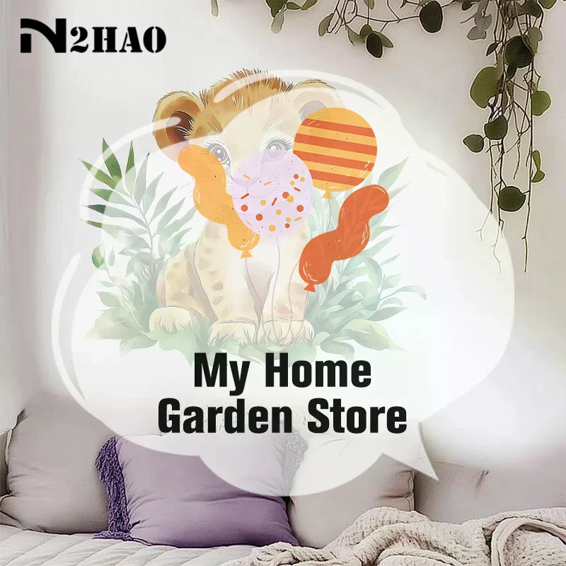 sticker mural illustration lionceau feuilles vertes orange chambre enfant salon decoration maison