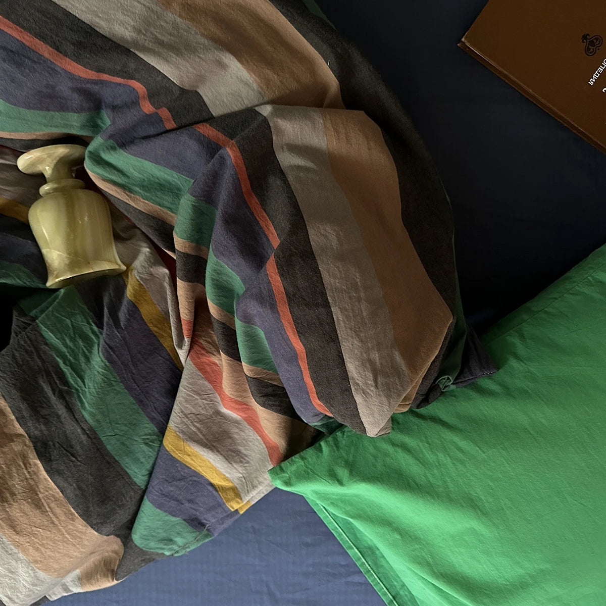 housse couette coton rayées moderne bleu vert gris taies d'oreiller incluses