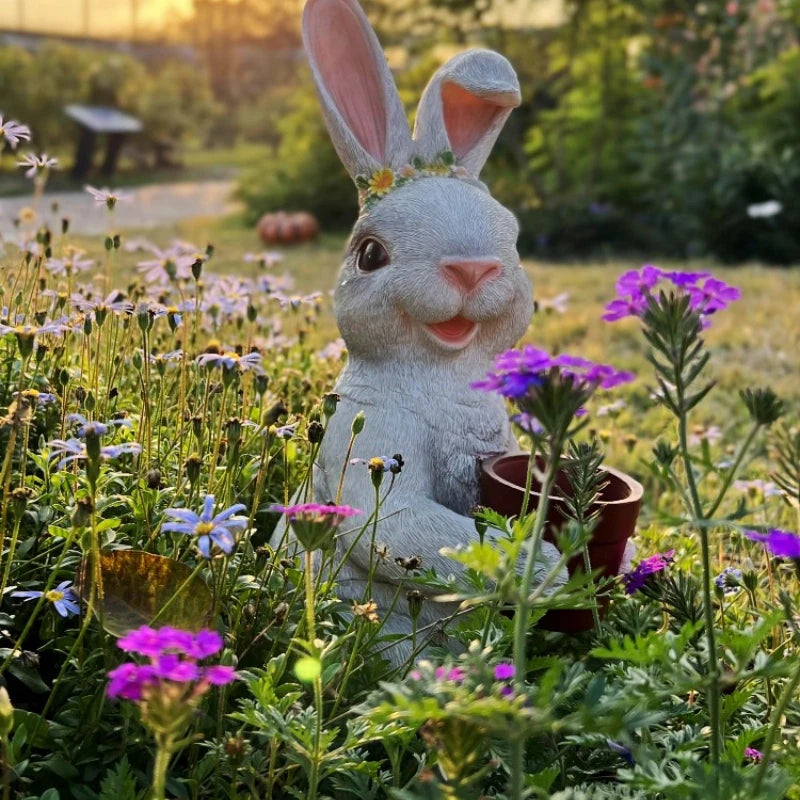 statue lapin résine gris clair oreilles tissu pot fleurs couronne colorée jardin décorationextérieur
