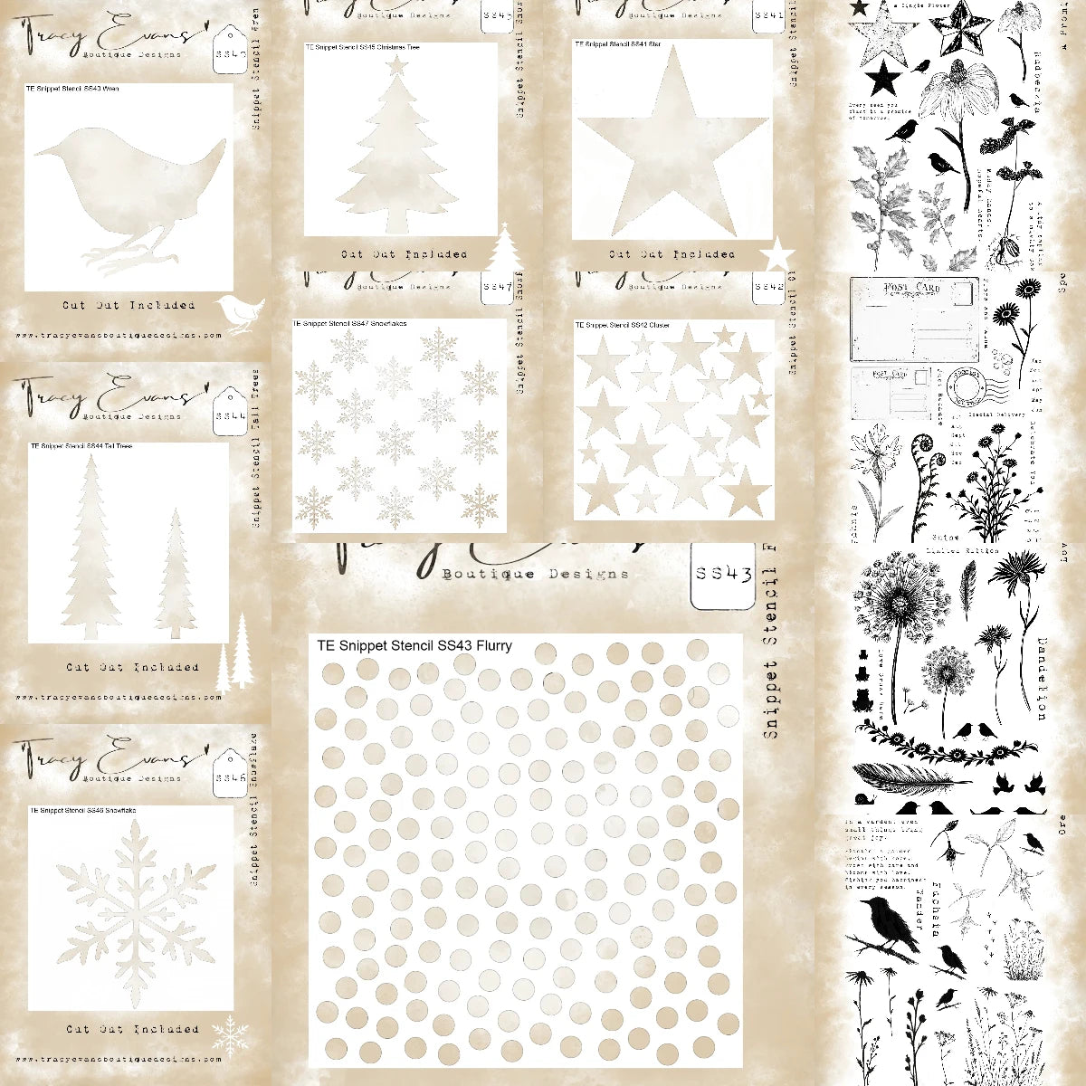stencils blancs motifs floraux oiseaux fleurs étoiles neige scrapbooking artisanat papier carton