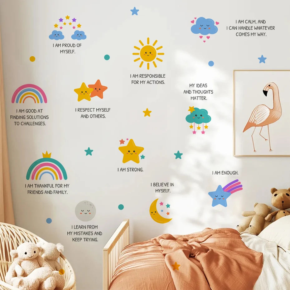 sticker mural étoiles dessin animé multicolore décoration enfant chambre nuage soleil arc ciel
