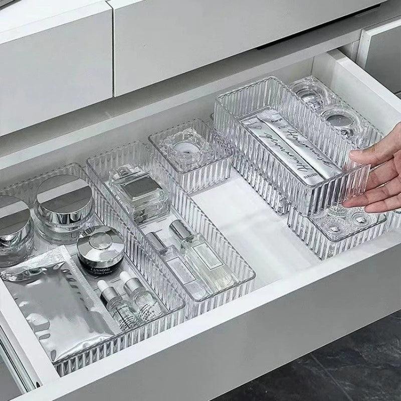 organiseurs tiroirs rangement transparent rayures verticales modernes boites extensibles maquillage accessoires cosmétiques