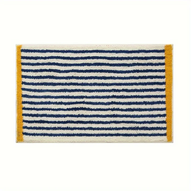 tapis salle bain doux motif rayures bleu marine blanc jaune moderne intérieur maison