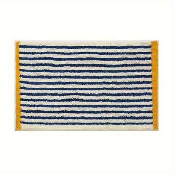 tapis salle bain doux motif rayures bleu marine blanc jaune moderne intérieur maison