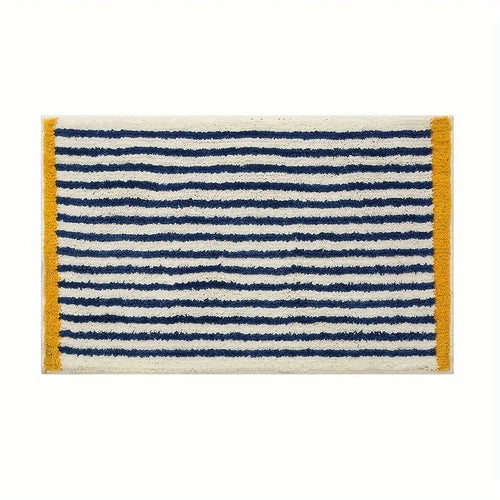 tapis salle bain doux motif rayures bleu marine blanc jaune moderne intérieur maison