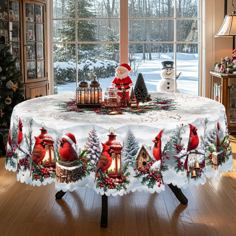 nappe table noël oiseaux houx cloches festive traditionnelle imperméable polyestre blanc rouge verte