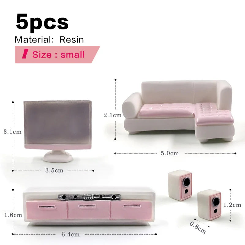 meubles miniatures chambre poupée résine rose blanc fauteuil téléviseur armoire décoration maison moderne