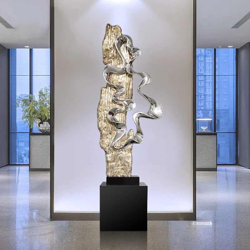 sculpture décorative moderne iceberg résine argentée dorée 81x35x22cm socle bois noir éléments abstraits