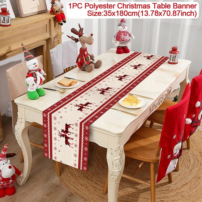 table noel chemin rouge blanc sapins flocons guirlandes decorations festive