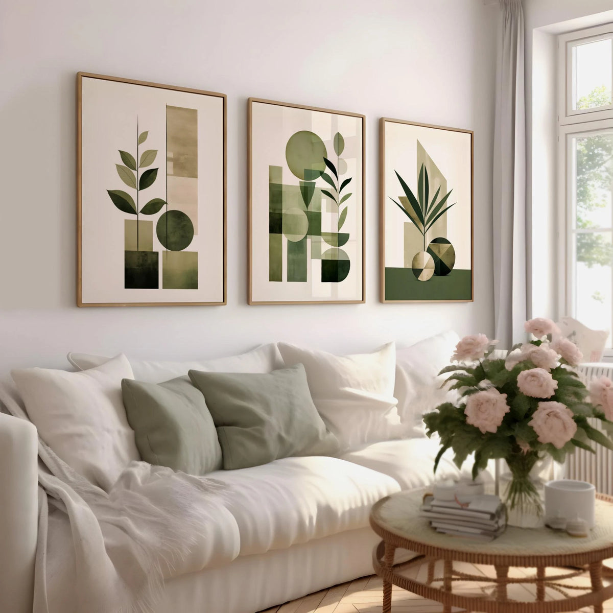 affiches géométriques abstraites vert olive moderne minimaliste bohème encadrées bois
