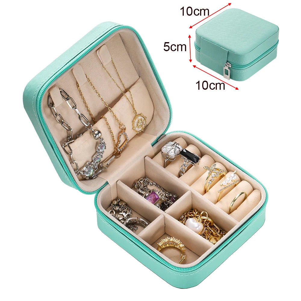 boîte bijoux simili cuir moderne compartiments noir vert rose clair orange fermeture éclair portable