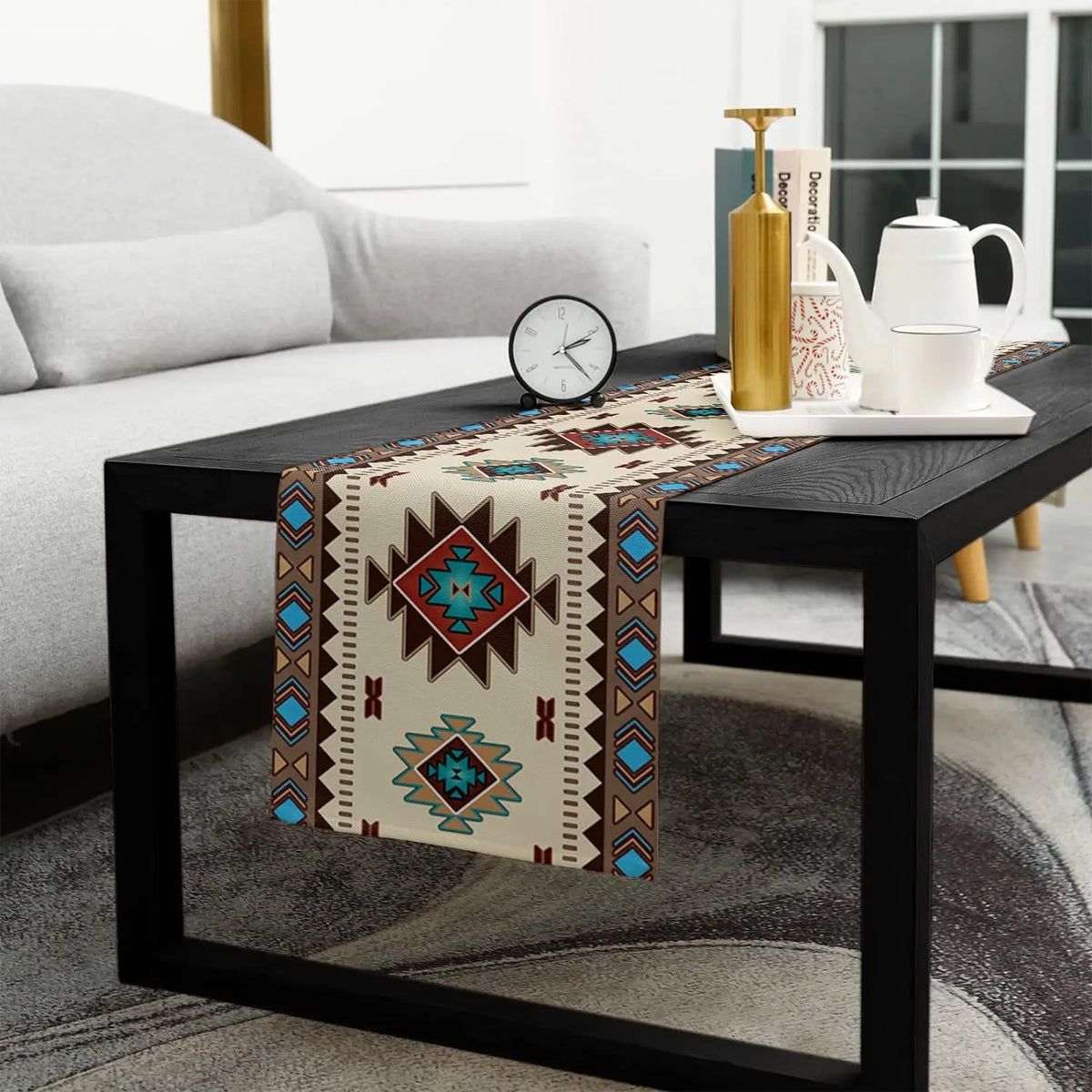 tableau chemin table lin aztèque beige marron bleu rouge moderne ethnique