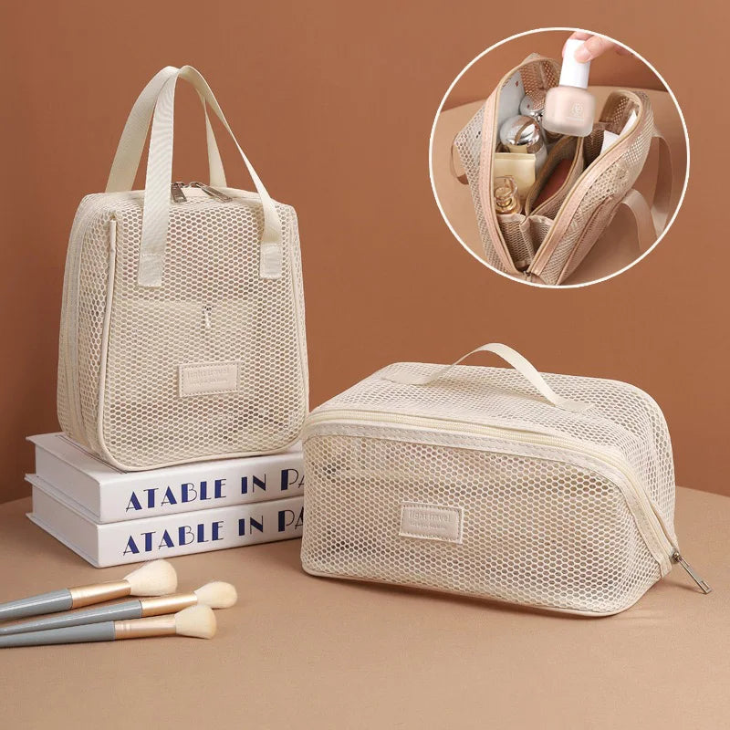 sac rangement toilettage portable maille fine pliable cosmétiques maquillage masque brosse poignées moderne