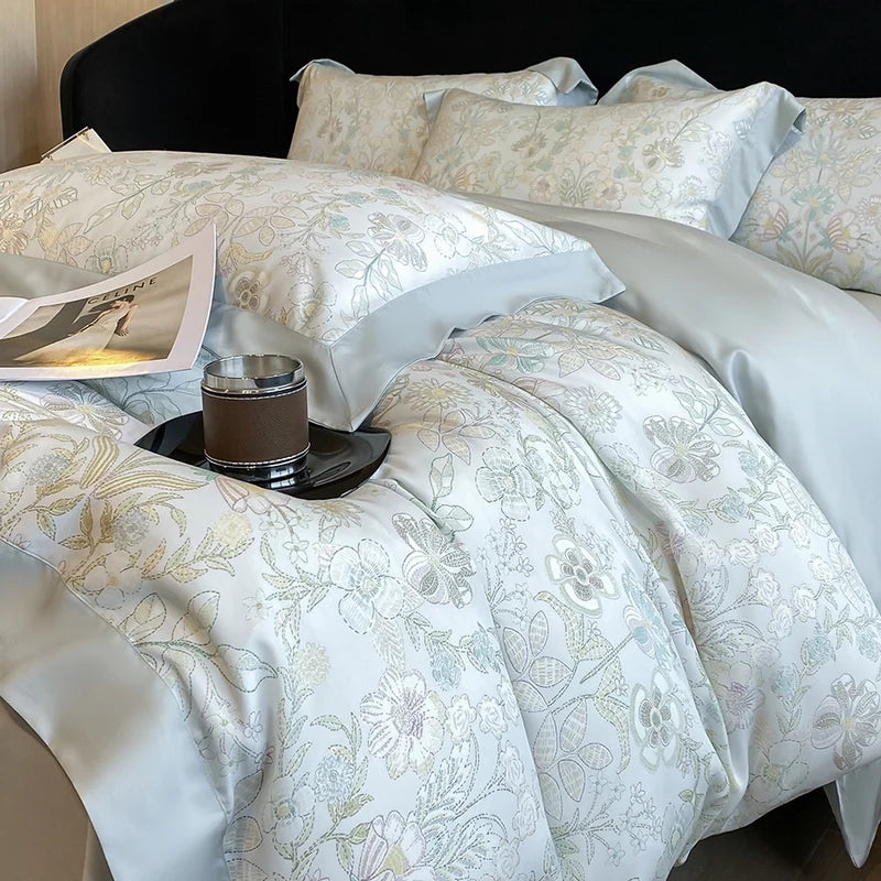 ensemble literie fleurs gris blanc housse couette drap taies oreiller lyocell eucalyptus doux