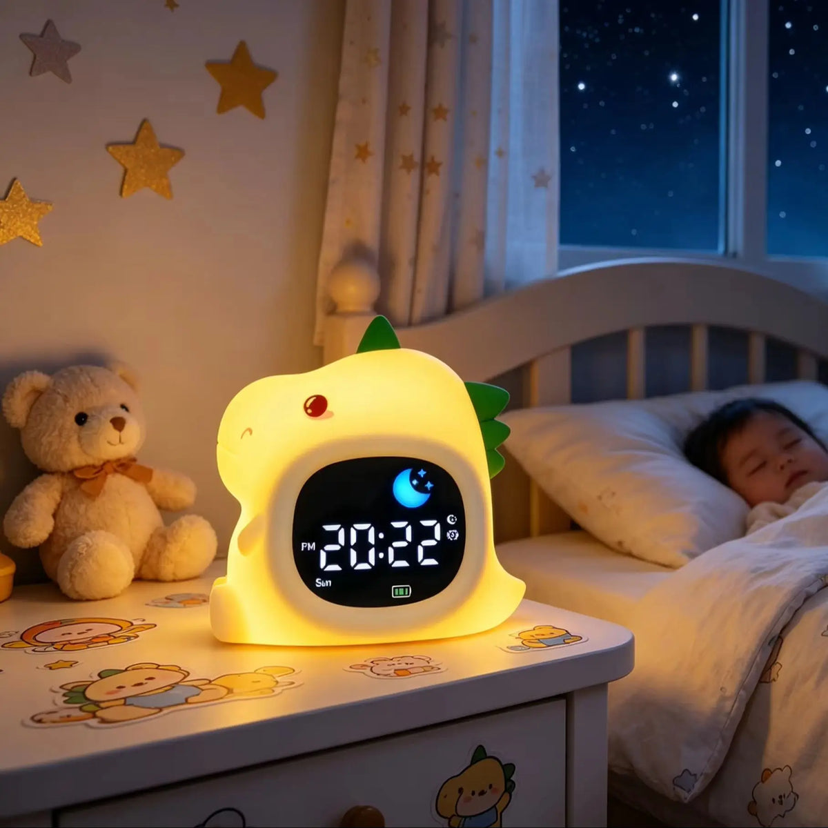 horloge d'alarme enfant licorne rose feuilles LED adhésif boutons réglage USB recharge