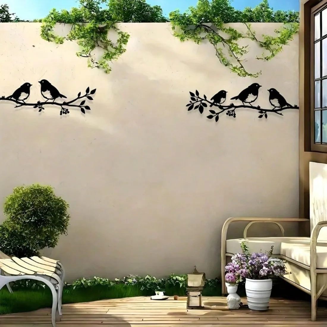 décoration murale métal oiseaux feuilles naturelle rustique fixée vis mur noir