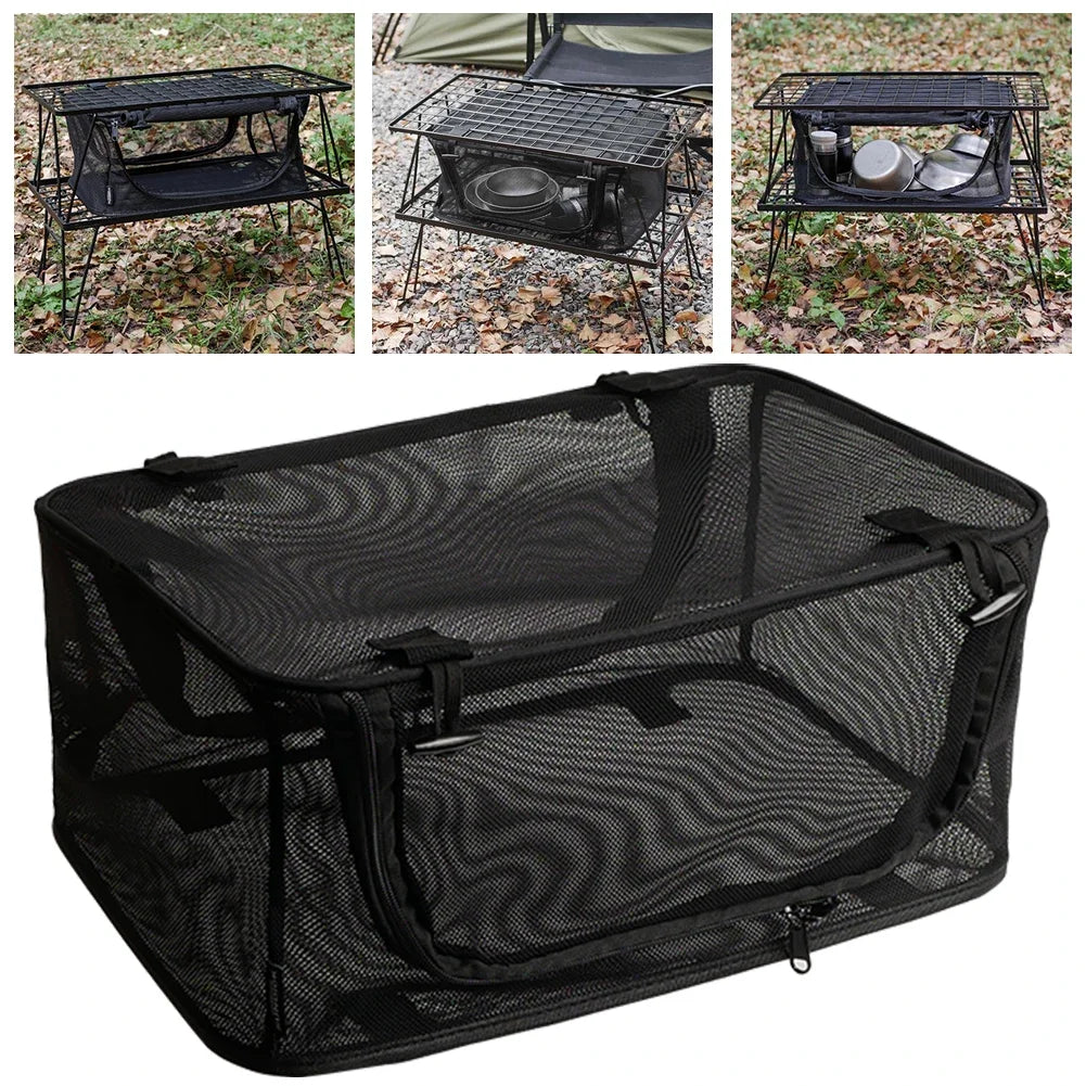 organisateur outils camping rangement table pliante sac filet noir transparent ustensiles cuisine