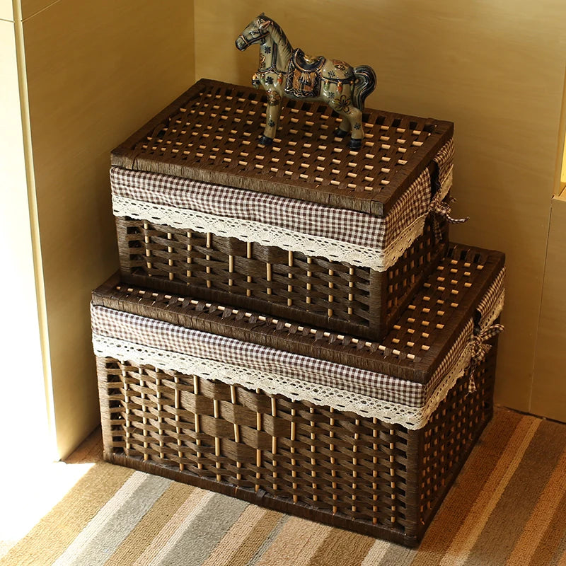 paniers rangement osier tissé marron traditionnels bureaux perforations dentelles rusticité decoration