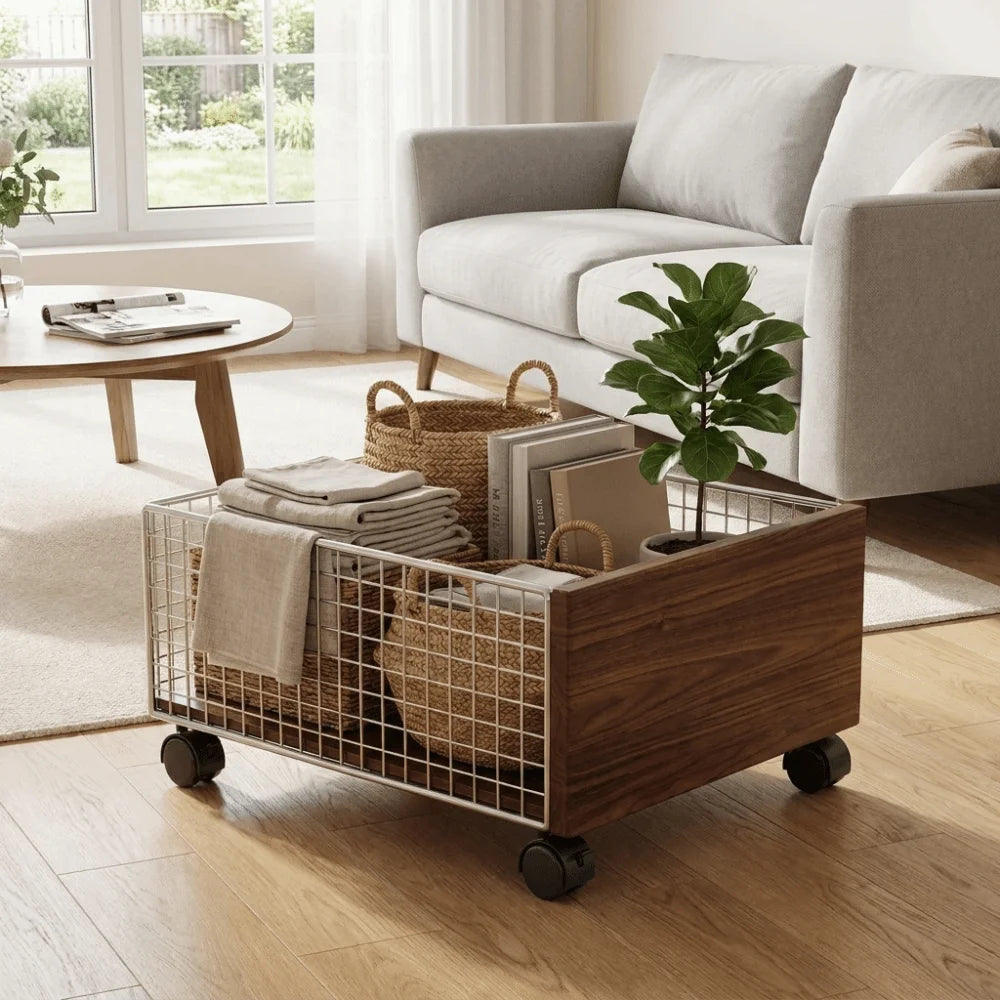 panier roulettes boîtier métal argenté base bois moderne couvercle rangement couvertures livres moderne fonctionnel