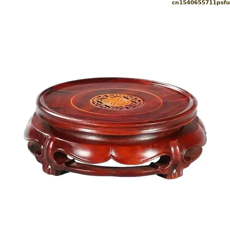 support circulaire bonsaï rouge texture bois gravure artisanal classique stand plant decoration gravé motifs