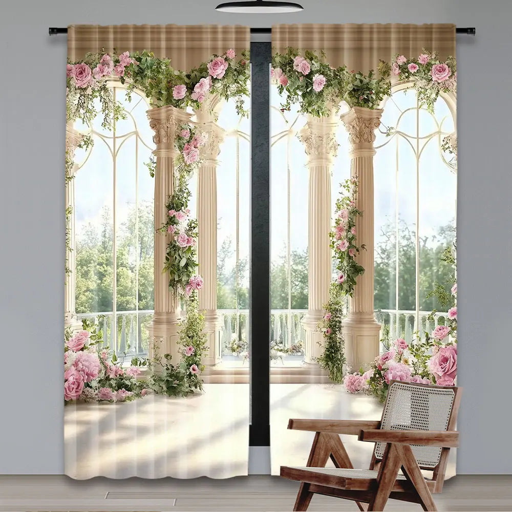 rideau floral classique semi opaque polyester beige rose vert colonnes doriques pièces