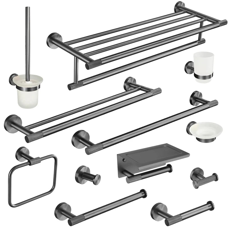 ensemble accessoires salle bain noir mat porte serviettes mural moderne métal brossé